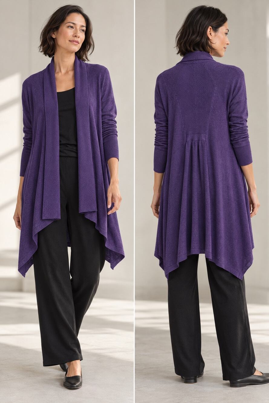 Eileen Fisher XS Purple Waterfall Long Cardigan Dipped Hem Viscose Italian Yarn